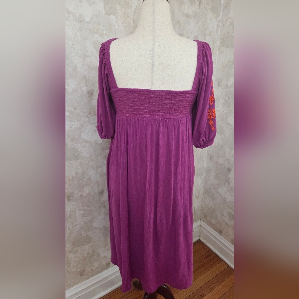 Free People Mauve Embroidered Boho Mini Dress Puff Sleeve Empire Waist XS - Picture 3 of 10